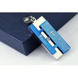 Man Blue Cross Bible Rectangle Pendant And Necklace