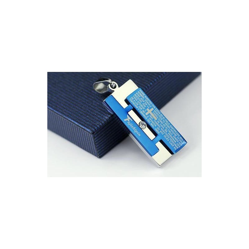 Man Blue Cross Bible Rectangle Pendant And Necklace