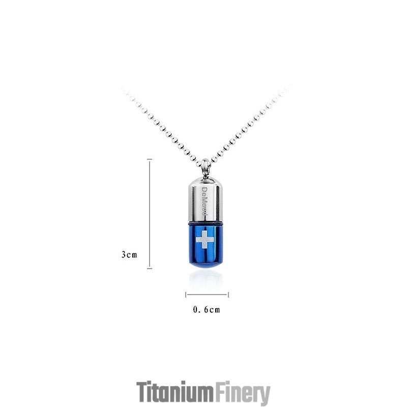 Blue Silver Pure Titanium Pill Pendant Cross Necklace