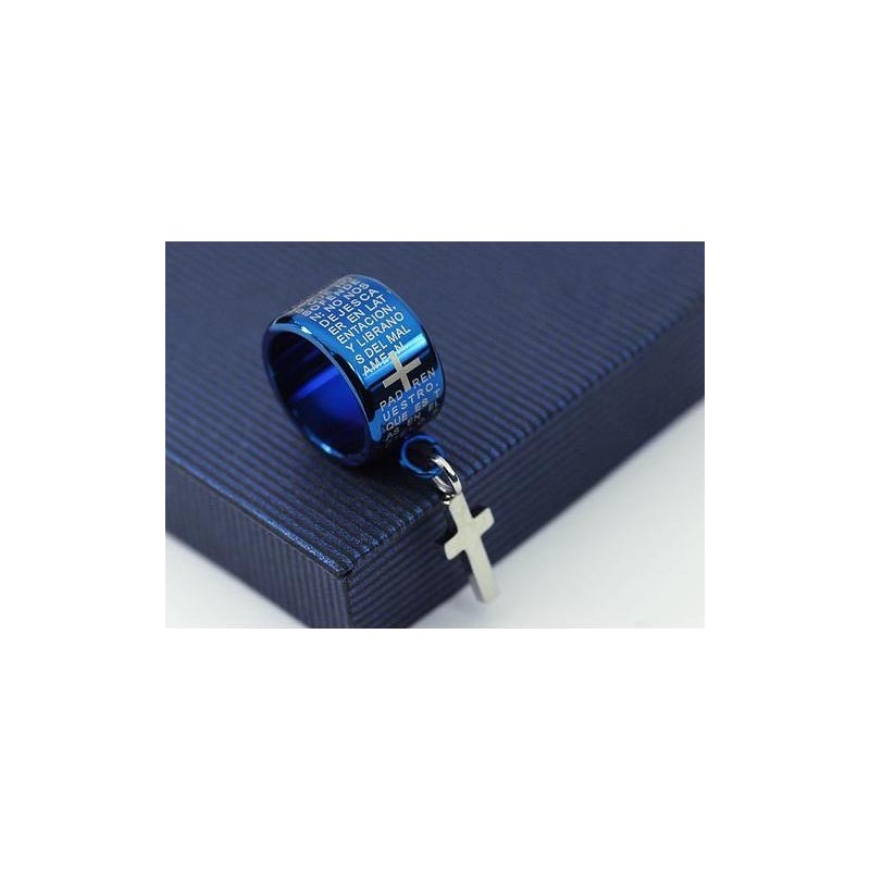 Exquisite Blue Titanium Ring Necklace And Cross Pendant