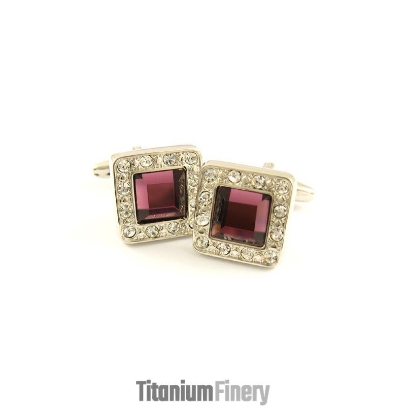 Titanium Square Cufflinks With Diamonds And Mauve Square Zirconia Titanium Square Cufflinks With Diamonds And Mauve Square Zirconia