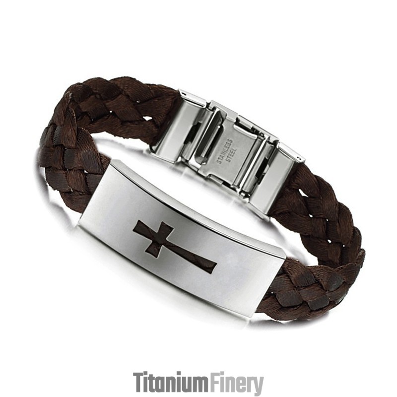 Stable Quality Male Cross Titanium Leather Bangle