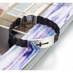 Stable Quality Male Cross Titanium Leather Bangle