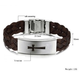 Stable Quality Male Cross Titanium Leather Bangle