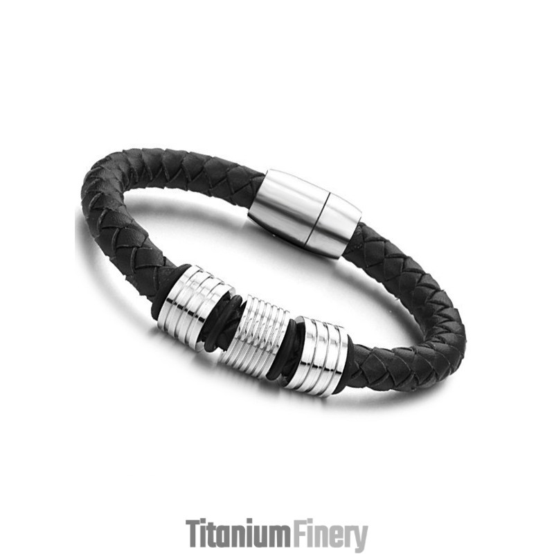 High Quality Black Titanium Leather Bangle