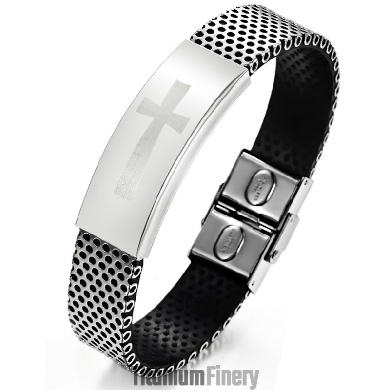 Quality And Quantity Assured Male Cross Titanium Leather Bangle
