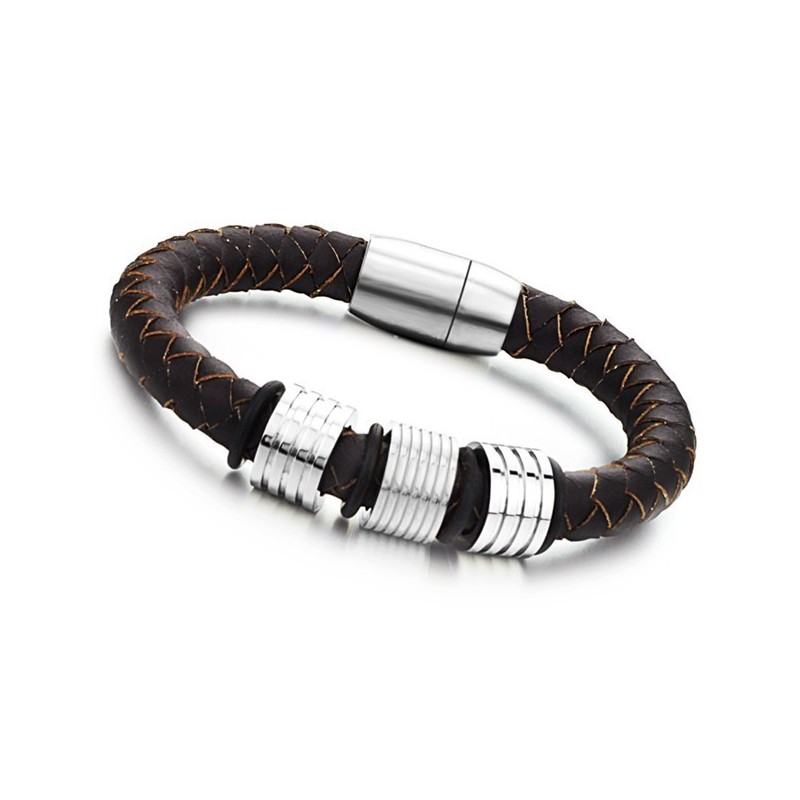 High Quality Brown Titanium Leather Bangle