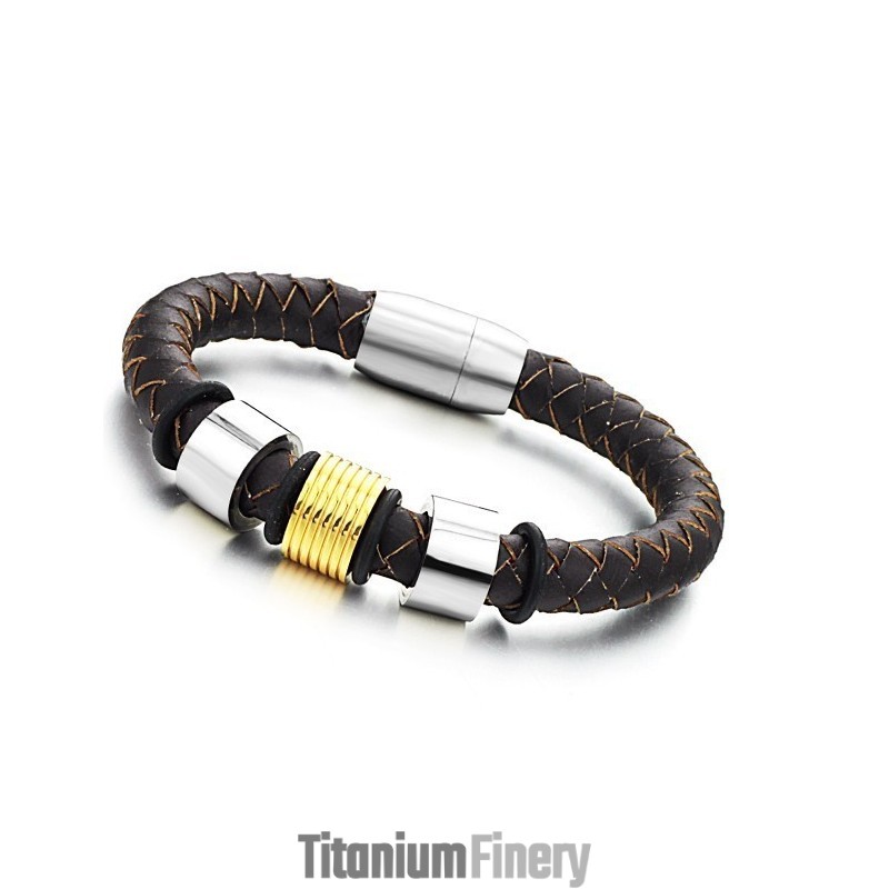 Wide Varieties Brown Titanium Leather Bangle