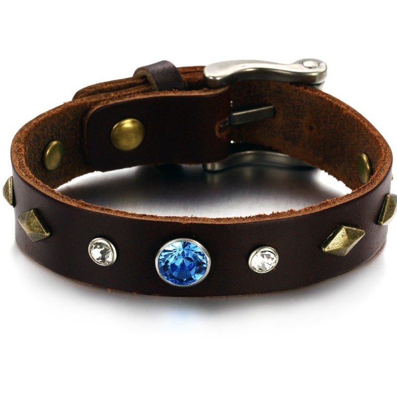 Durable In Use Retro Titanium Leather Bangle With Rhinestone Durable In Use Retro Titanium Leather Bangle With Rhinestone