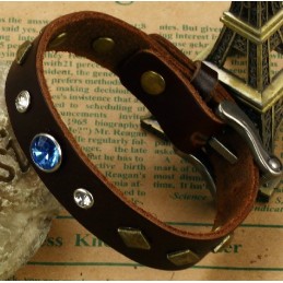 Durable In Use Retro Titanium Leather Bangle With Rhinestone