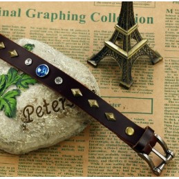 Durable In Use Retro Titanium Leather Bangle With Rhinestone