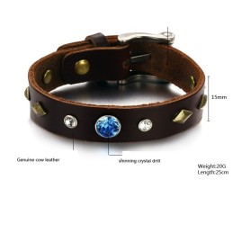 Durable In Use Retro Titanium Leather Bangle With Rhinestone