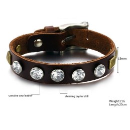High Quality Retro Titanium Leather Bangle With Rhinestone