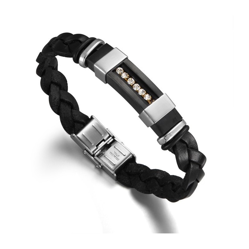 Reliable Reputation Male Black Titanium Leather Bangle Reliable Reputation Male Black Titanium Leather Bangle