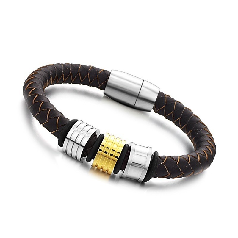 Quality And Quantity Assured Male Brown Titanium Leather Bangle