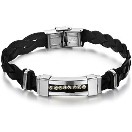 Selling Well All Over The World Titanium Leather Bangle With Rhinestone