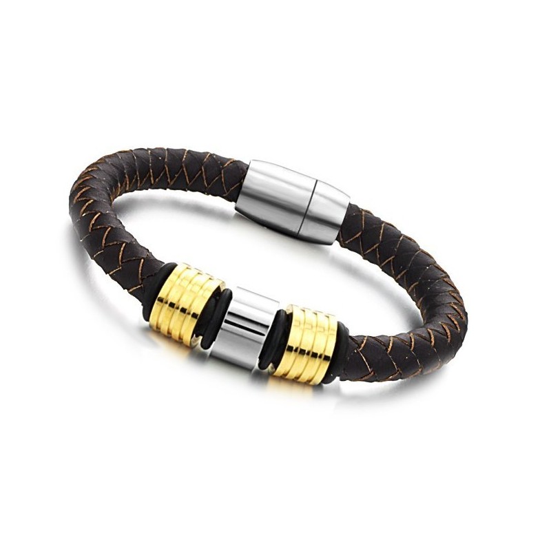 Excellent Quality Male Brown Titanium Leather Bangle