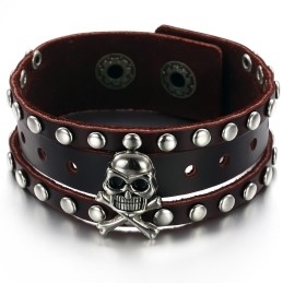 Quality And Quantity Assured Male Skull Titanium Leather Bangle