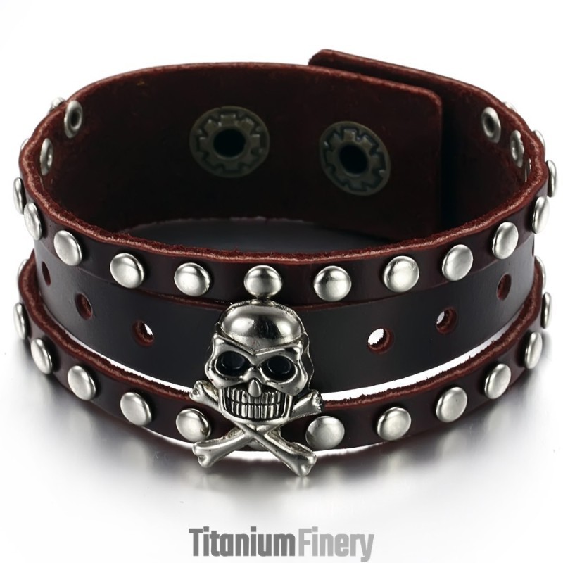 Quality And Quantity Assured Male Skull Titanium Leather Bangle