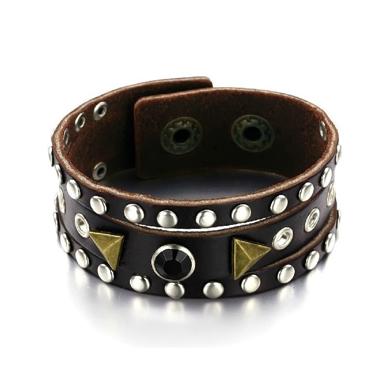 High Quality Retro Titanium Leather Bangle With Rhinestone