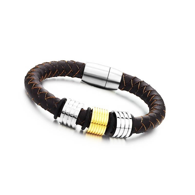 Easy To Use Male Brown Titanium Leather Bangle Easy To Use Male Brown Titanium Leather Bangle
