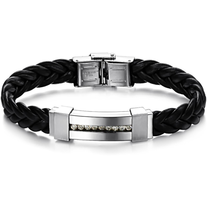 The Queen Of Quality Titanium Leather Bangle With Rhinestone