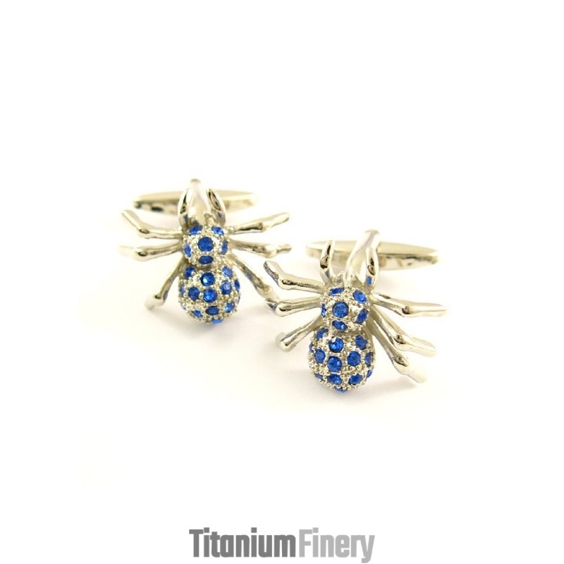 Titanium Mysterious Spider Cufflinks With Blue Diamonds
