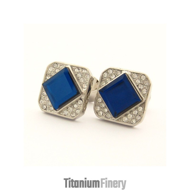 Titanium Square Cufflinks With Blue Crystal And Diamonds