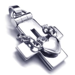 Openable Titanium Cross Pendant With Heart - Free Chian