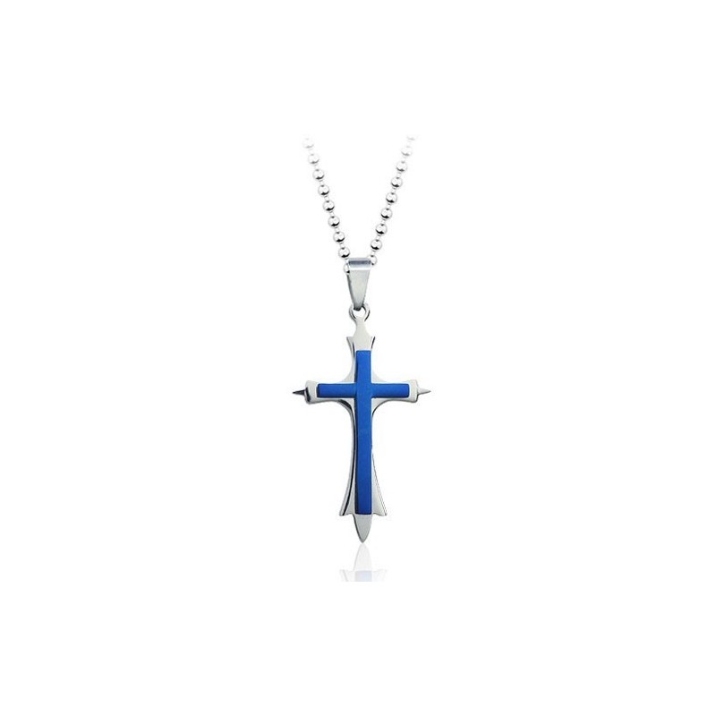 Stylish Mens Blue Titanium Cross Pendant - Free Chain