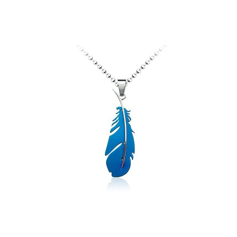 Popular Mens Blue Feather-Shaped Titanium Pendant - Free Chain