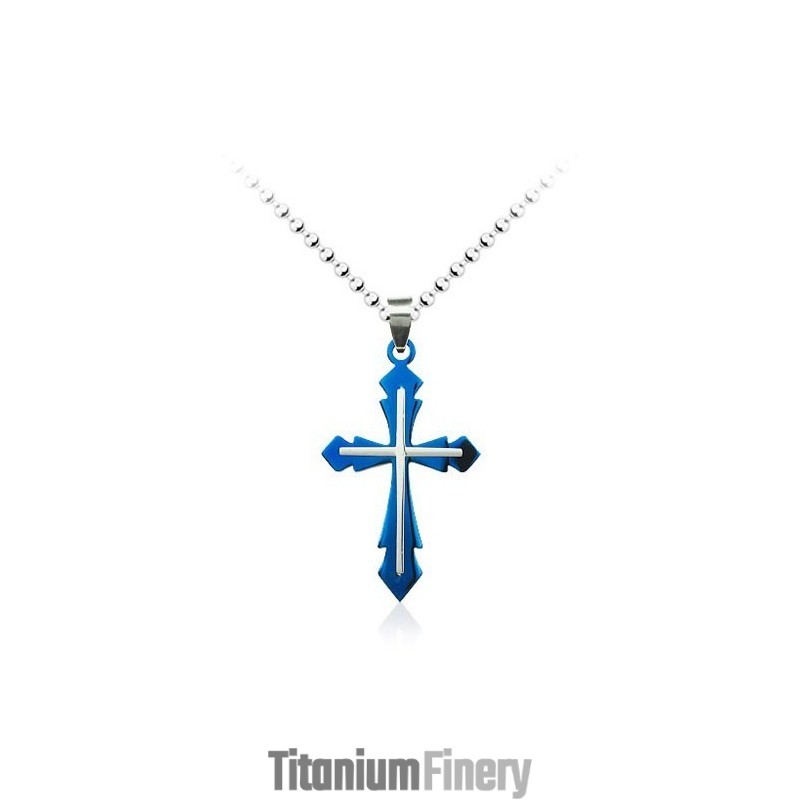Fashion Mens Blue Titanium Cross Pendant - Free Chain