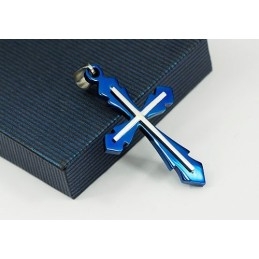 Fashion Mens Blue Titanium Cross Pendant - Free Chain