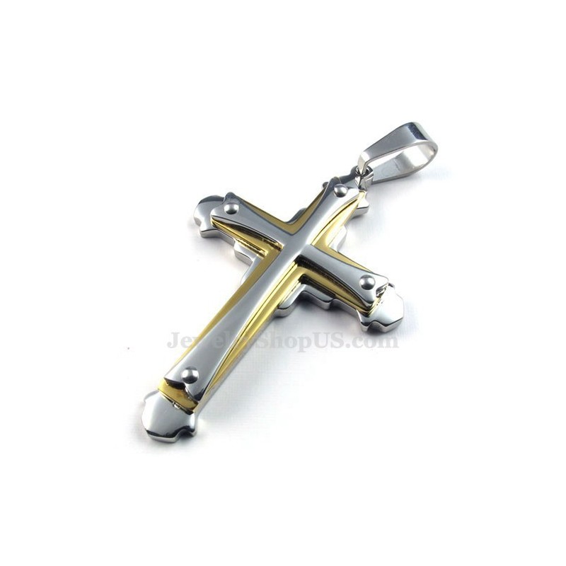 Gold Silver Titanium Three Cross Pendant Necklace (Free Chain) Gold Silver Titanium Three Cross Pendant Necklace (Free Chain)