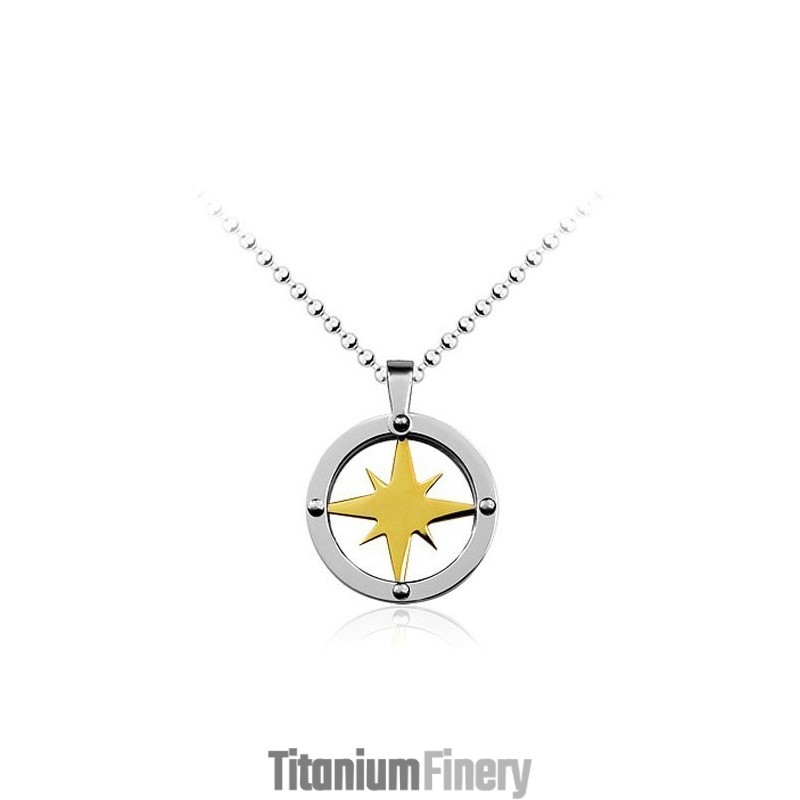 Golden Star Circle Mens Titanium Pendant - Free Chain