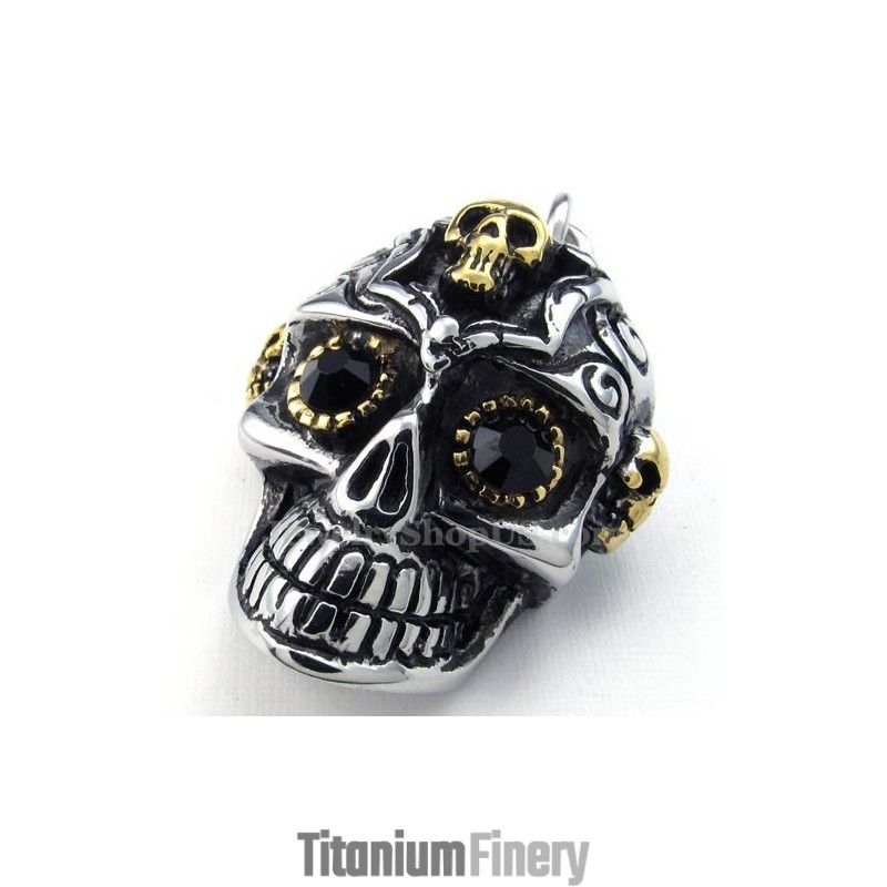 Black Eyes Titanium Skull Pendant Necklace (Free Chain)