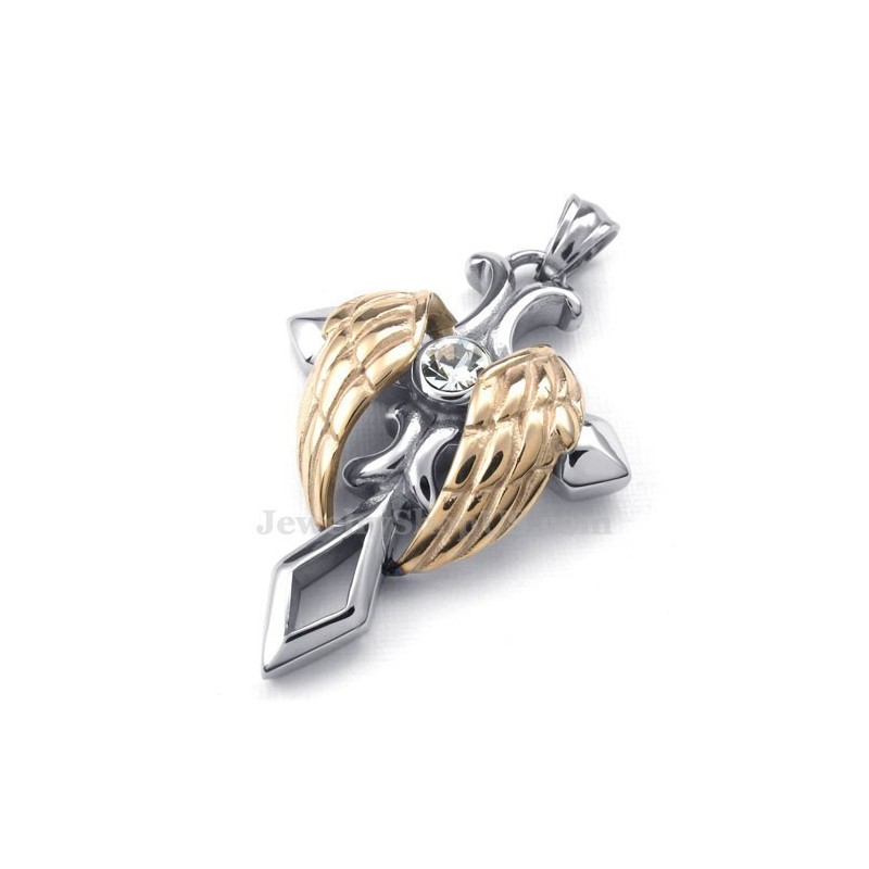 Rose Gold Angel Wings Titanium Cross Pendant Necklace (Free Chain)
