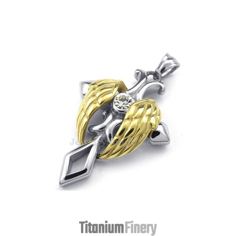Gold Angel Wings Titanium Cross Pendant Necklace (Free Chain) Gold Angel Wings Titanium Cross Pendant Necklace (Free Chain)