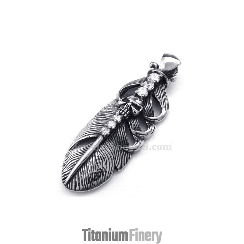 Titanium Feather Pendant Necklace Adorned With Skull (Free Chain) Titanium Feather Pendant Necklace Adorned With Skull (Free Chain)