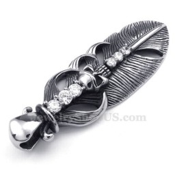 Titanium Feather Pendant Necklace Adorned With Skull (Free Chain)