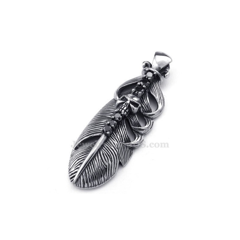 Titanium Feather Pendant Necklace Adorned With Skull (Free Chain) Titanium Feather Pendant Necklace Adorned With Skull (Free Chain)