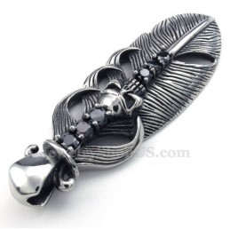 Titanium Feather Pendant Necklace Adorned With Skull (Free Chain)