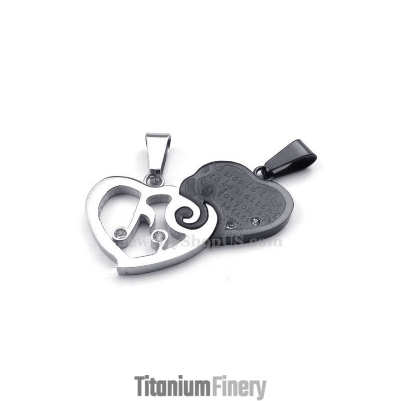 Silver & Black Titanium Couples Hearts Pendant Necklace (Free Chain)(One Pair)
