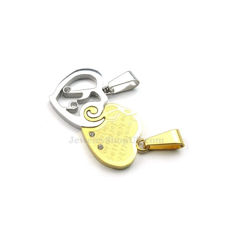 Gold & Silver Titanium Couples Hearts Pendant Necklace (Free Chain)(One Pair)