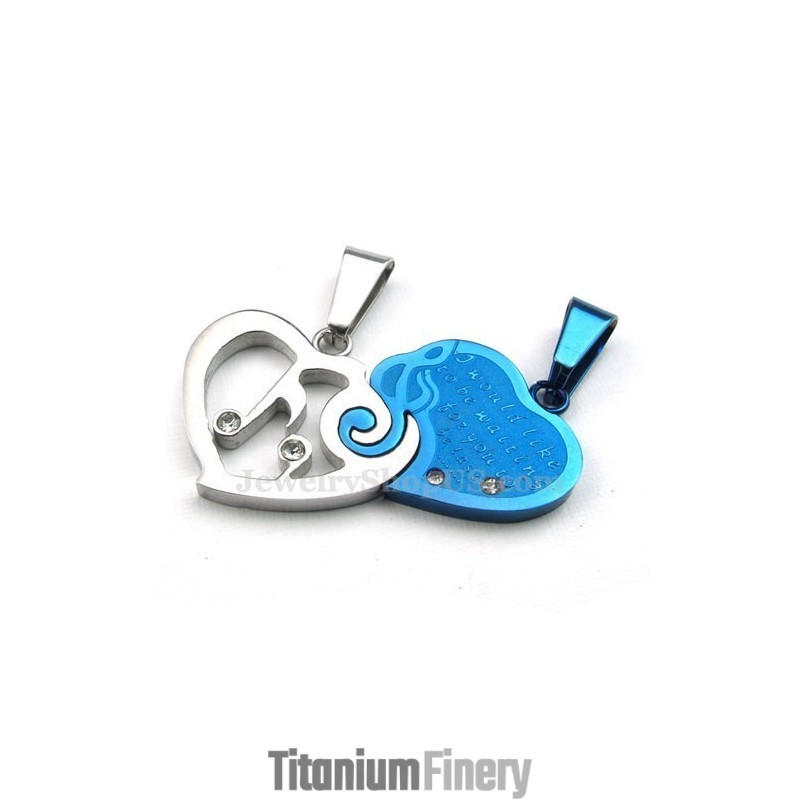 Blue & Silver Titanium Couples Hearts Pendant Necklace (Free Chain)(One Pair) Blue & Silver Titanium Couples Hearts Pendant Necklace (Free Chain)(One Pair)