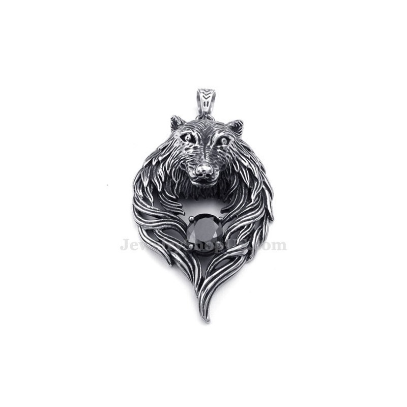 Black Zircon Titanium Wolf Pendant Necklace (Free Chain)