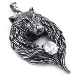White Zircon Titanium Wolf Pendant Necklace (Free Chain)