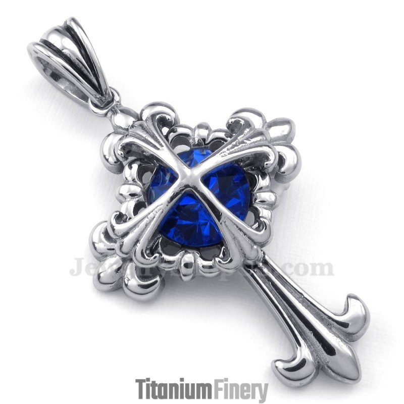 Blue Zircon Titanium Flower Cross Pendant Necklace (Free Chain)