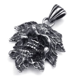 Tree Leaf Titanium Skull Pendant Necklace (Free Chain)