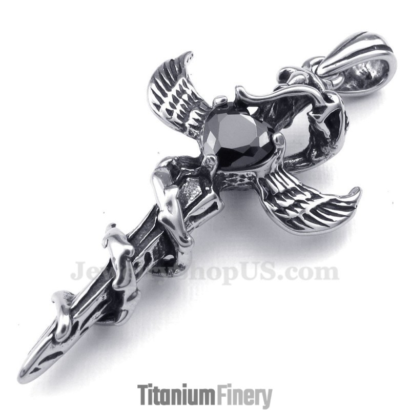 Black Zircon Sword Wings Titanium Cross Pendant Necklace (Free Chain) Black Zircon Sword Wings Titanium Cross Pendant Necklace (Free Chain)